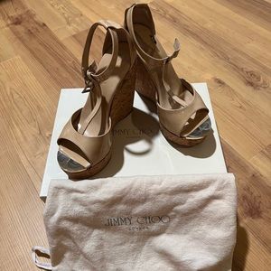 100% authentic Jimmy Choo Patent Calfskin Cork Pela T Strap Wedge Sandals Nude